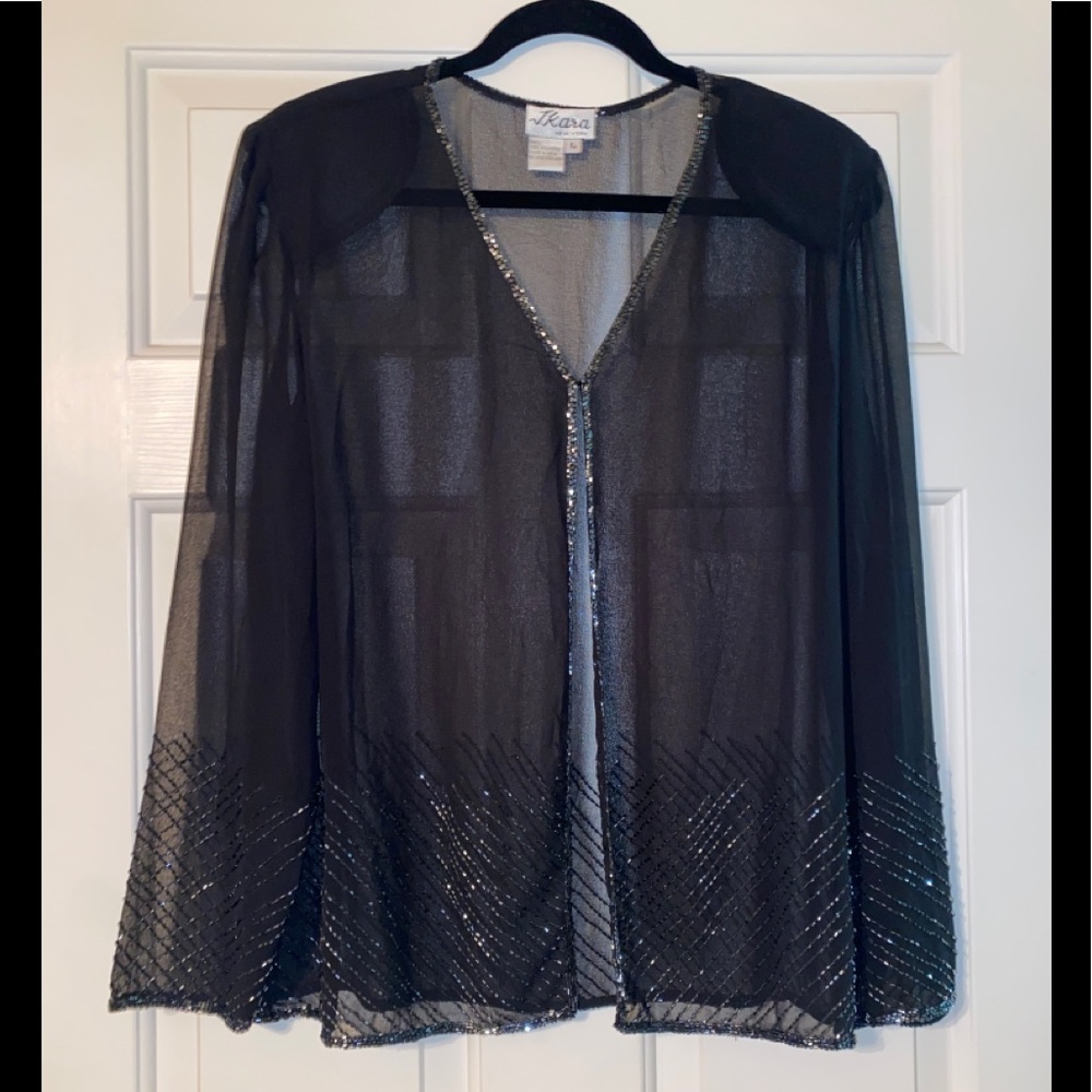 JKara New York NWOT Black Sheer Beaded Open Front Long Sleeve Blouse L